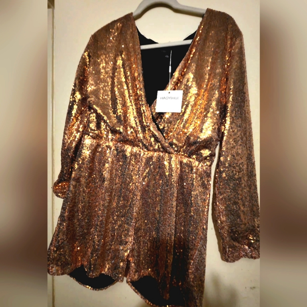 HAODUOYI Gold Sequin Dress